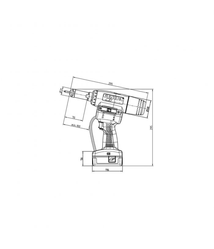 FIREBIRDPRO-nitownica-akumulatorowa-do-nitonakretek-firebird-pro-2.jpg Techniczny rysunek akumulatorowej nitownicy Firebird Pro z wymiarami i szczegółowym oznaczeniem konstrukcji.